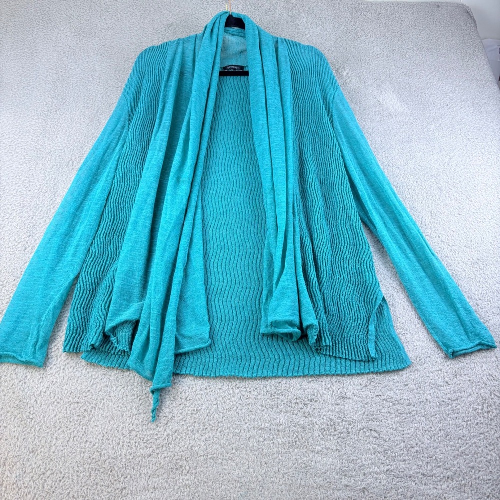 Lafayette 148 New York Cardigan Wmns L Teal Ripple Knit Linen Blend Open Front